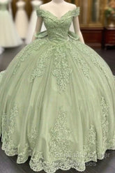 Sage Green Princess Quinceanera Dress Ball Gown Applique Off Shoulder Sweet 16 Semi Formal Prom Dress